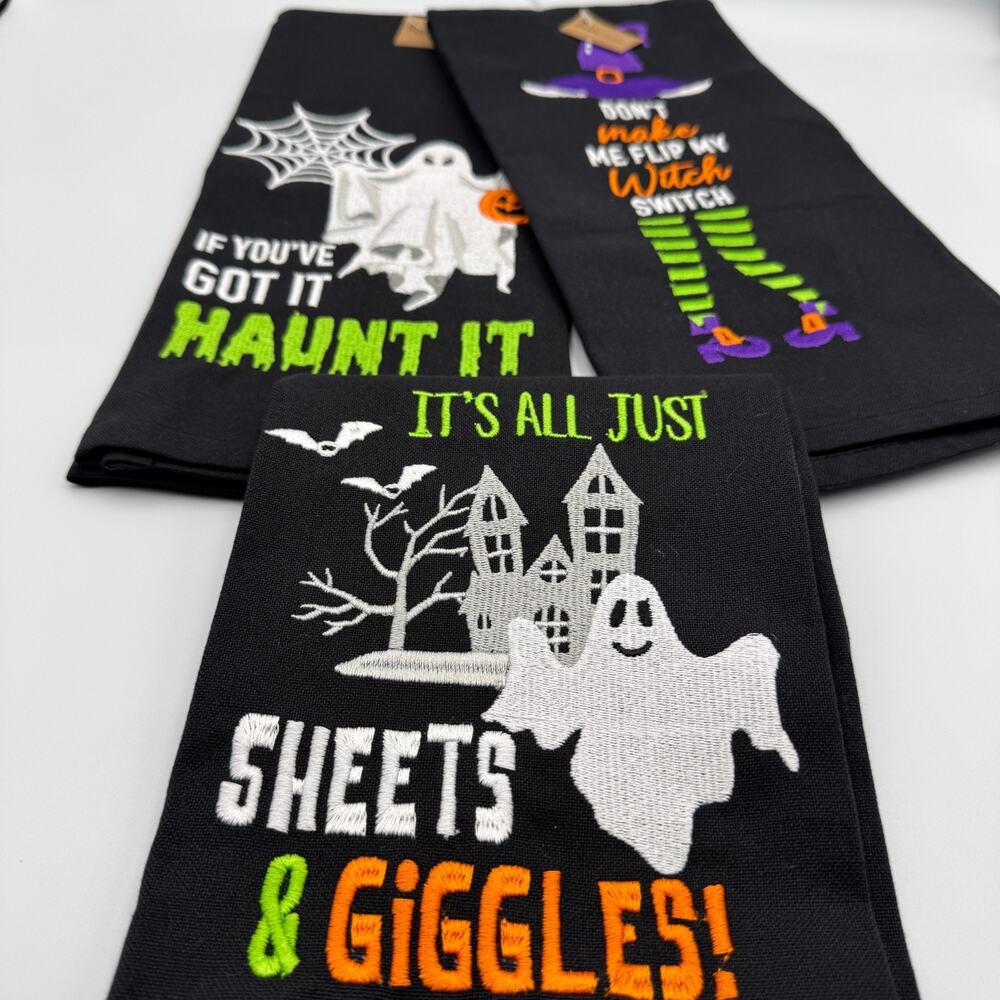 Halloween Kitchen Dish Tea Towels Set of 3 Funny Ghosts Witch Black Cotton NWT